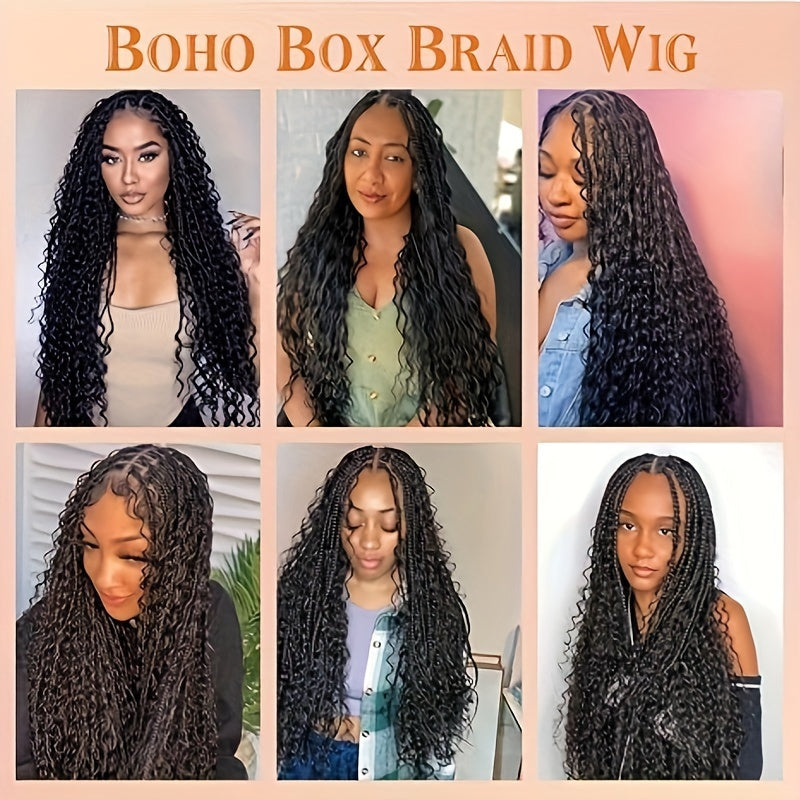 Boho Knotless Braided Wigs for & Men - Double Full Lace Synthetic Hair with Hair, 200% Density Curly Wave, Heat Resistant & Breathable, Unisex Bohemian Box Braids for Everyday & Special Occasions